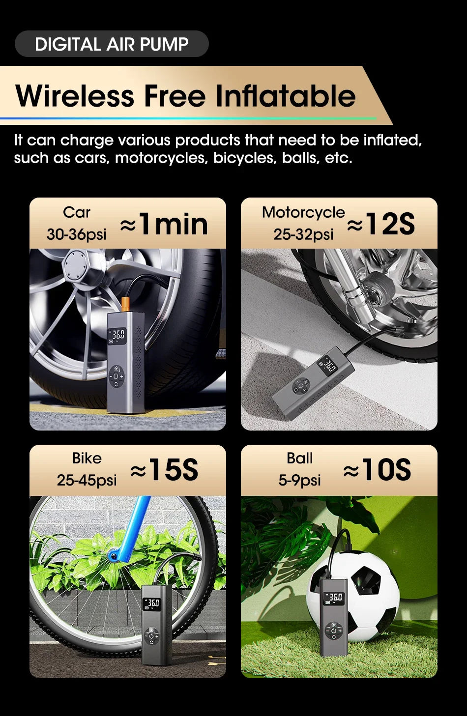 Vtopek Air Pump Portable Wireless Electric Tire Inflator For Car Bicycle Motorcycle Air Compressor Injector Bike MTB Accessories